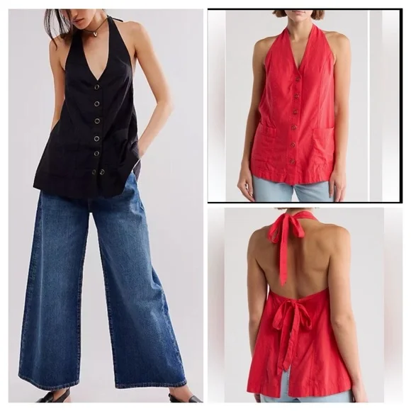 Free People NWT Scout Linen Blend Vneck Snap-Close Halter Vest Top large - Picture 5 of 14